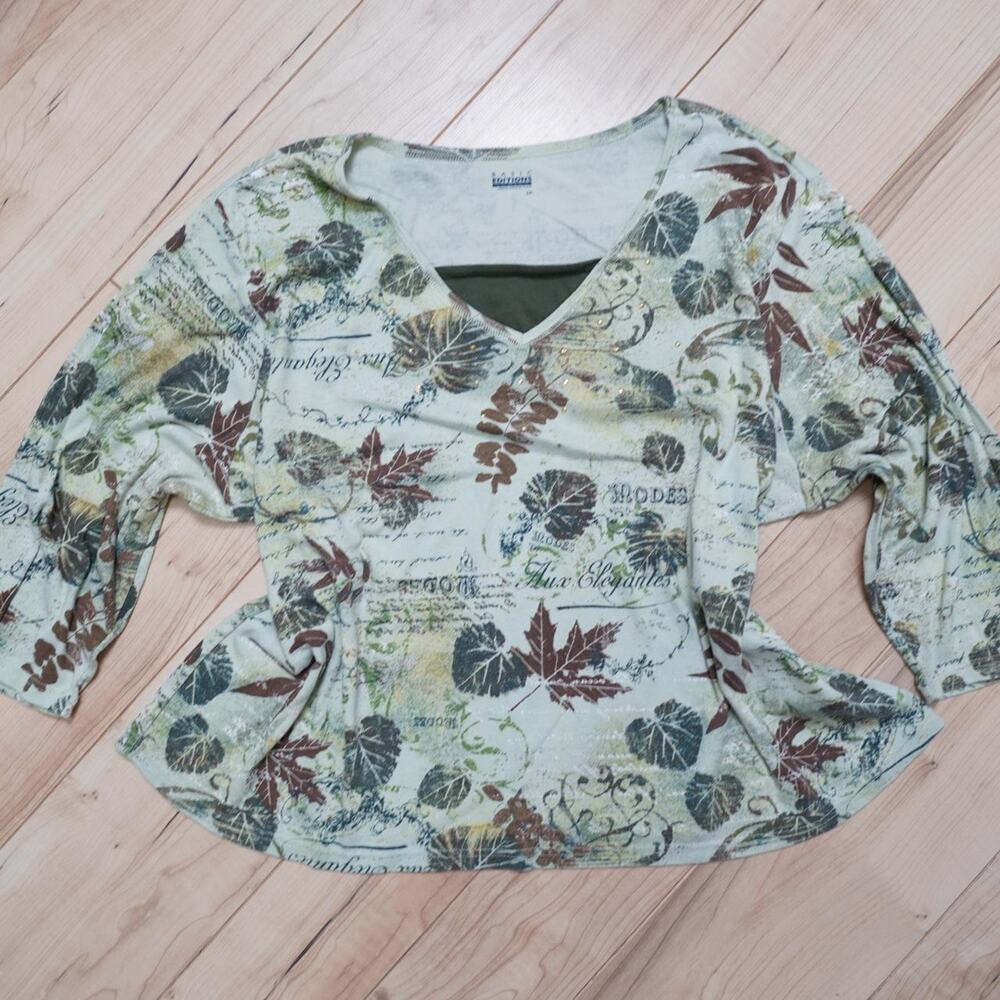 Basic Editions Green Botanical Leaf V-Neck 3/4 Sleeve Top Cottagecore 3X